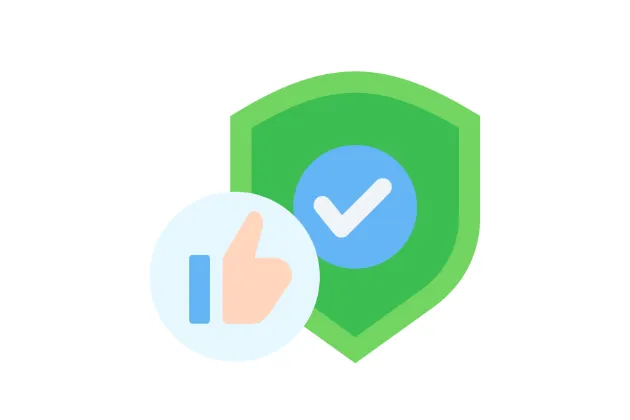 Ícone representando segurança confirmada e feedback positivo: escudo com marca de verificação e gesto de "gostei".